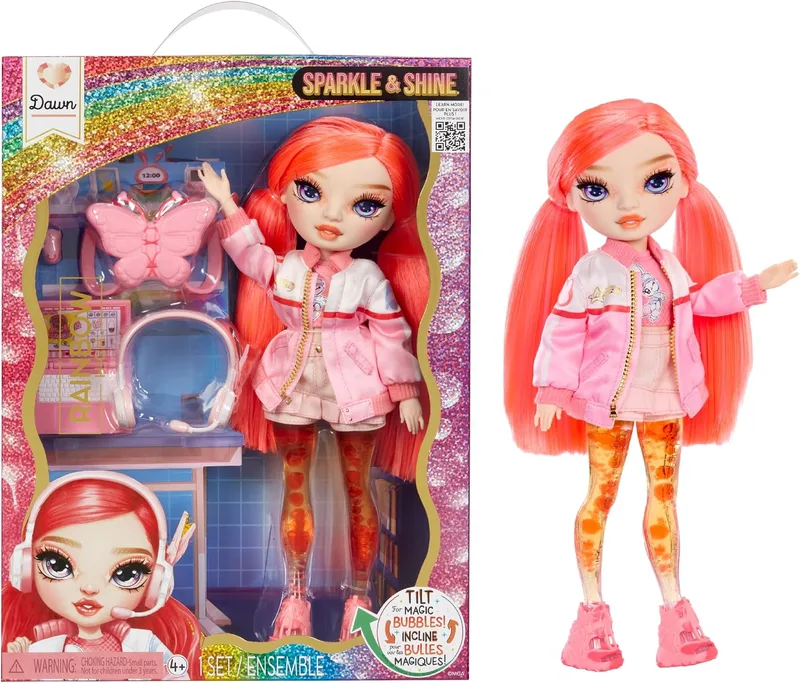 RAINBOW HIGH ▫️ Sparkle & Shine Doll - Dawn - Boneca da moda de 28 cm com cabelo vermelho-coral e bolhas mágicas nas pernas, cor, estilo, brincadeira, colecionável, para crianças dos 4 aos 12 anos ou mais