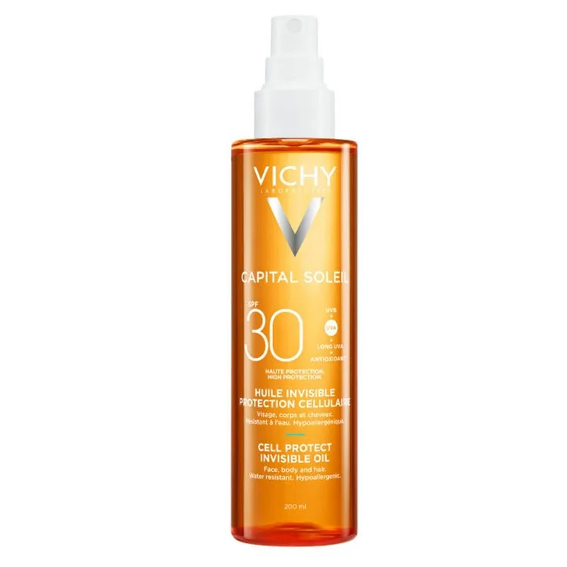 VICHY ▫️ Capital Soleil Cell Protect - Óleo solar transparente com SPF30 para rosto, corpo, couro cabeludo e cabelo, proteção UVA e UVB, com aroma de verão, 200 ml