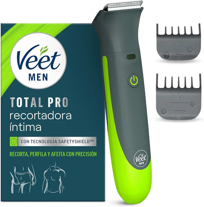 Veet ▫️ Total Pro, aparador para as zonas íntimas, máquina de barbear à prova de água para homem, com carregador USB, adequado para a zona das virilhas, peito, costas, braços, pernas, axilas, cabeça e rosto.