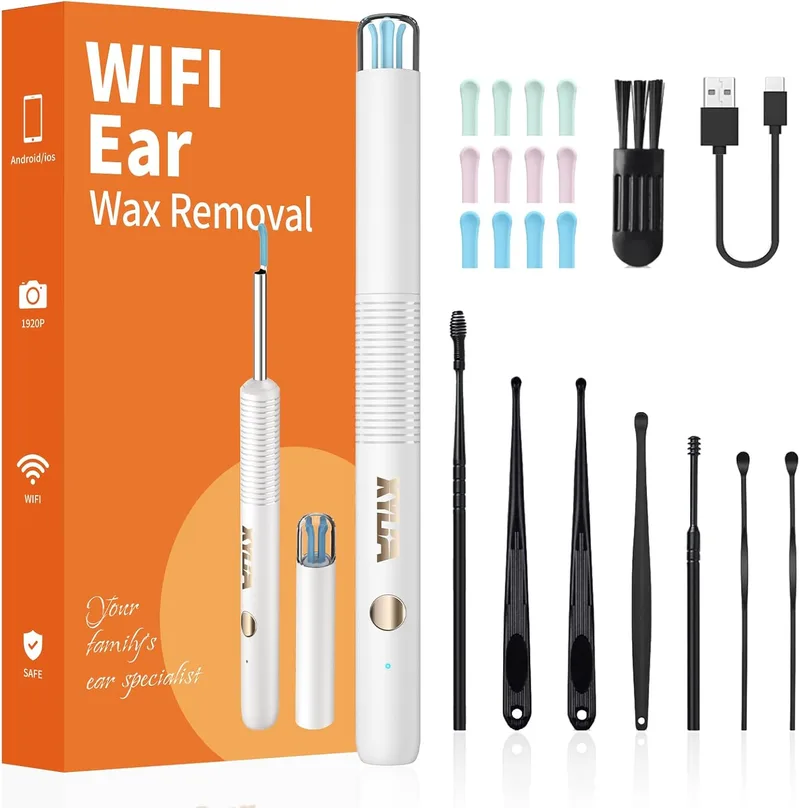 Xylla ▫️ Otoscópio e Limpador de Orelhas para Cera, 3,5 mm – Endoscópio com câmara WiFi de 1920P e 6 LEDs, com 12 pontas de silicone + 8 ferramentas profissionais,Limpador de Ouvidos IP67 à Prova de Água para iOS/Android (Branco)