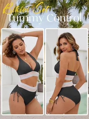 CheChury ▫️ Conjuntos de biquínis para mulher, biquínis de cintura alta, biquínis halter com decote em V, fatos de banho sensuais de duas peças, biquínis que achatam a barriga, fatos de banho redutores para mulher, natação, tamanhos grandes, biquínis push-up, fatos de banho redutores 5