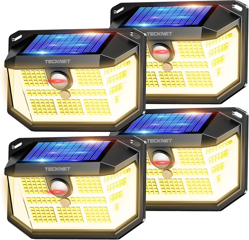 TECKNET ▫️ Luz Solar para Exterior, 231 LED/300° (Ilumina 35 m²) Luzes Solares de Alta Intensidade com Sensor de Movimento, 3 Modos, IP65 à Prova de Água, Projetores LED Solares para Jardim, Garagem, Pátio, Conjunto de 4