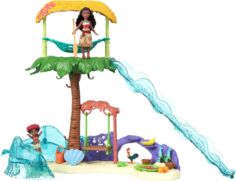 Mattel ▫️ Conjunto de brincar Disney Vaiana 2 Adventures on Vaiana Island com bonecas pequenas Vaiana e Simea, 2 amigos personagens, 5 áreas de jogo e 8 acessórios, JFF13