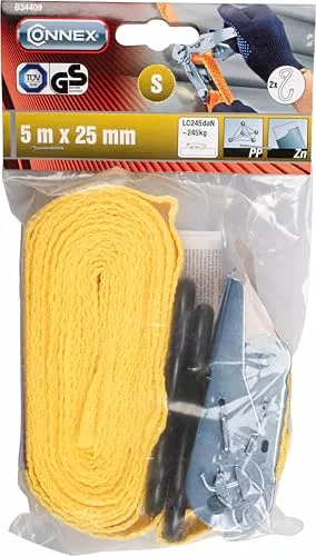Cornat ▫️ Connex B34409 - Cinta de fixação (2 unidades, 5 m x 25 mm, capacidade máxima de carga de 245 kg, com catraca padrão e ganchos em forma de S, em polipropileno/cinta/segurança de carga/cinta de 3