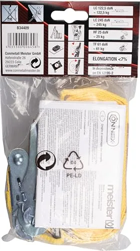 Cornat ▫️ Connex B34409 - Cinta de fixação (2 unidades, 5 m x 25 mm, capacidade máxima de carga de 245 kg, com catraca padrão e ganchos em forma de S, em polipropileno/cinta/segurança de carga/cinta de 4