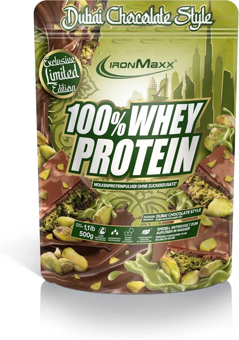 IronMaxx ▫️ Dubai Chocolate Style - 100% Whey Protein Powder - Saco de 500 g | Proteína de soro de leite em pó solúvel em açúcar e solúvel em água | muitos sabores diferentes
