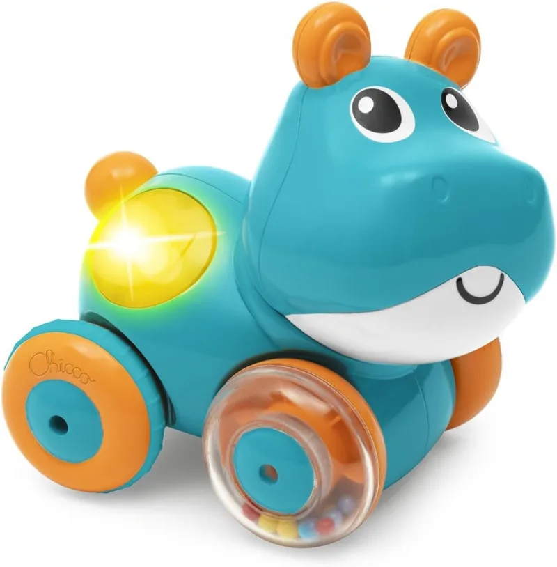 Chicco ▫️ Hippo Sprint & Go Game - Animais electrónicos de marcha atrás com melodias, sons e luzes, brinquedos estimulantes para gatinhar, rodas de borracha, 6-36 m