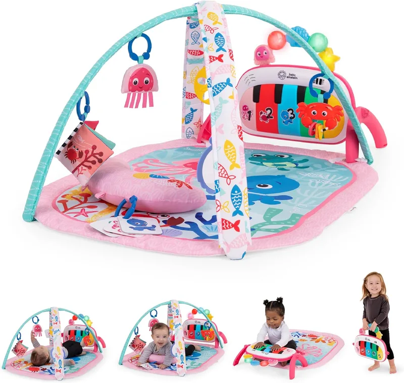 Baby Einstein ▫️ Ocean Explorers Baby Gym 4 em 1 - Tapete de jogos para bebés com piano de chutar, descoberta de música e linguagem, brinquedos sensoriais, Recém-nascido+, Rosa