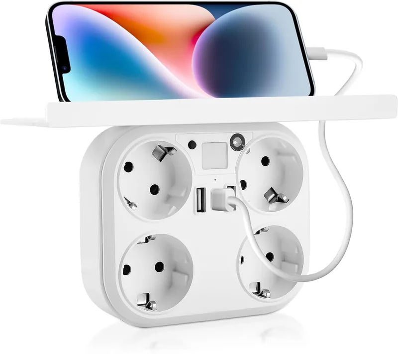 ELUBLU ▫️ Tomada múltipla, com pá, tomada dupla, bloco de distribuição com iluminação regulável, tomada dupla, 3 tomadas USB, cor branca