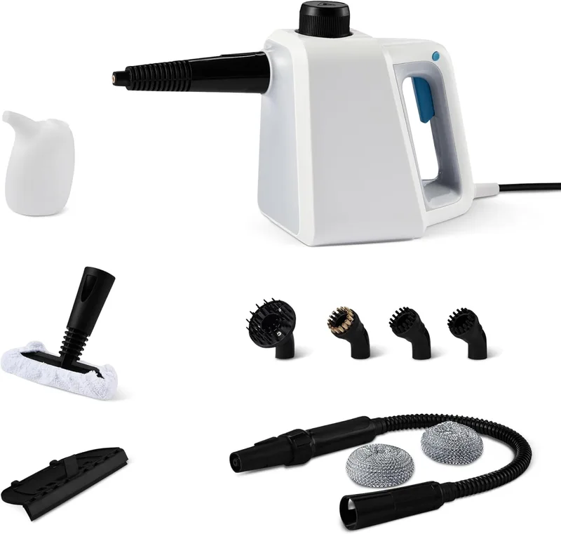 Amazon Basics ▫️ Limpador a vapor portátil para uso doméstico com 9 acessórios, jato de vapor potente de 1000 W, depósito de 250 ml, branco