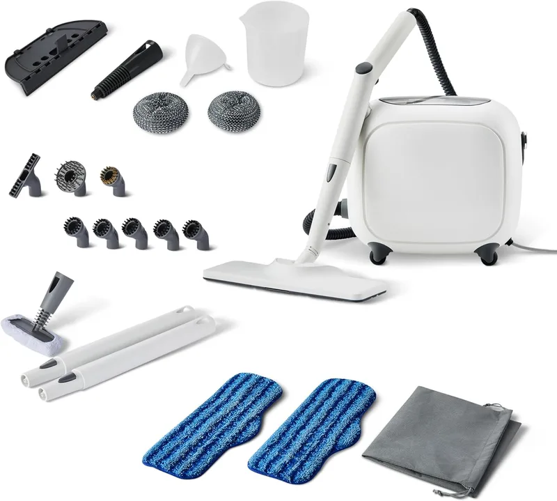 Amazon Basics ▫️ Limpador a Vapor Multiusos com 22 acessórios, depósito de 1,5 L, 1500 W, branco