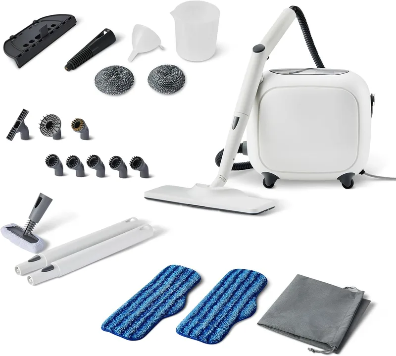 Amazon Basics ▫️ Limpador a Vapor Multiusos com 22 acessórios, depósito de 1,5 L, 1500 W, branco