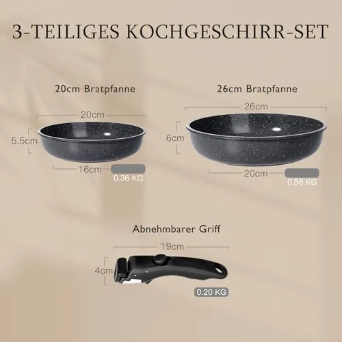 GiPP ▫️ Conjunto de panelas e frigideiras antiaderentes em cerâmica - Conjunto de cozinha com pegas removíveis, não tóxico, adequado para indução, forno e máquina de lavar louça (preto, 3 peças) 2