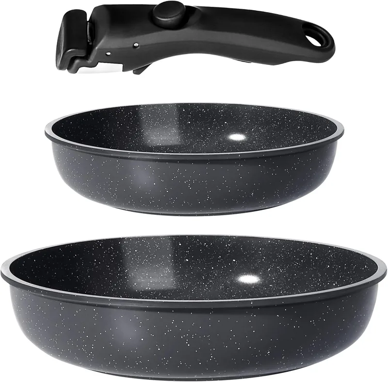 GiPP ▫️ Conjunto de panelas e frigideiras antiaderentes em cerâmica - Conjunto de cozinha com pegas removíveis, não tóxico, adequado para indução, forno e máquina de lavar louça (preto, 3 peças)