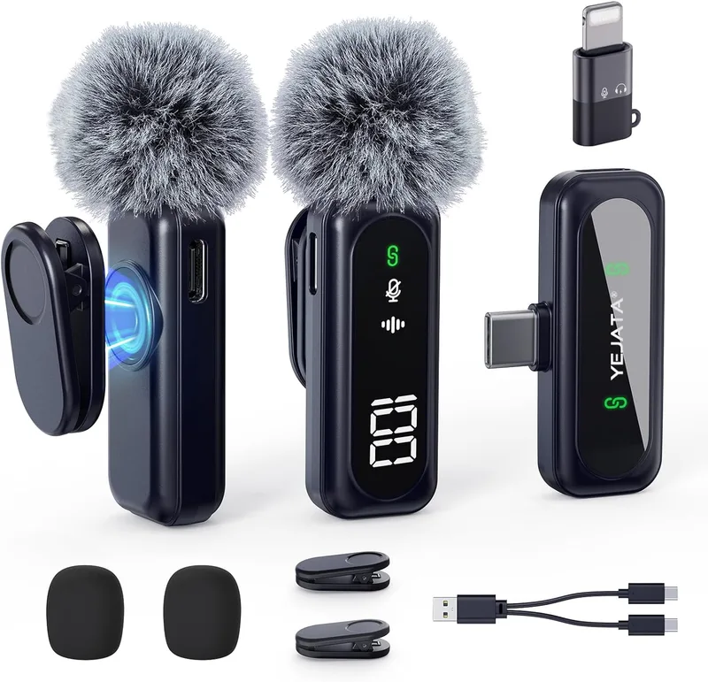 YEJATA ▫️ Microfone sem fios com ecrã digital para indicar o nível da bateria, cancelamento de ruído omnidirecional de 360°, alcance de 30 m, pinça giratória, para iPhone 15/16, Android, PC, iPad e tablet