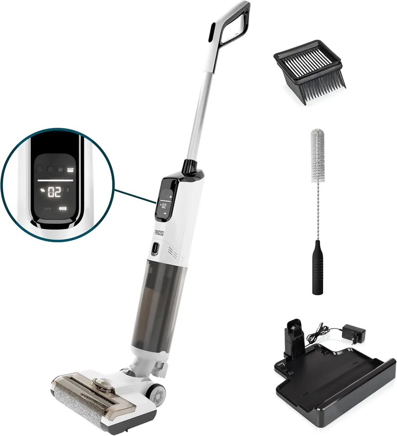 Princess ▫️ AquaMotion Plus Aspirador de Chão, 4 em 1: Aspira, Esfrega e Seca, Sem Fio, 50 Min de Autonomia, Filtro HEPA, Autolimpeza, 170 W, 75 dB, Ecrã inteligente, base de carregamento, leve, 337010