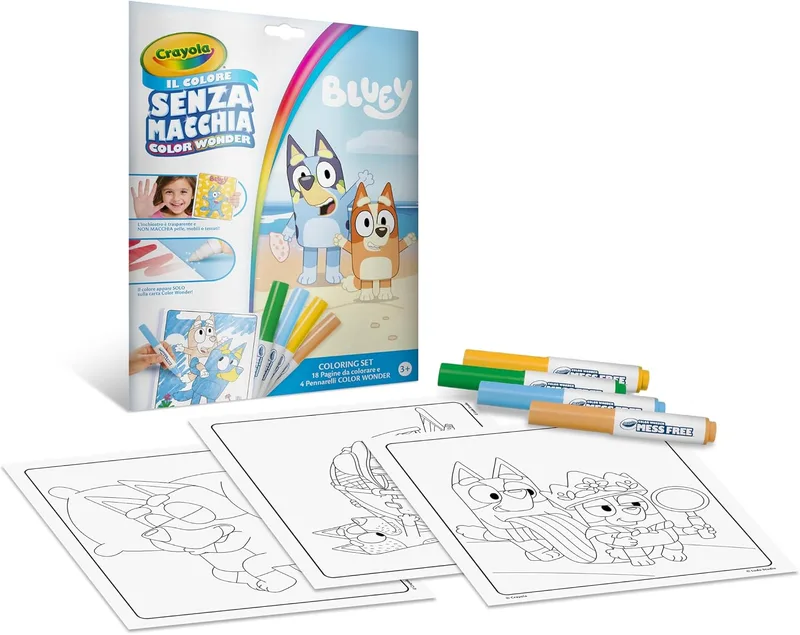 CRAYOLA ▫️ Color Wonder, kit completo com 18 páginas para colorir e 4 marcadores que não mancham, com as personagens da Bluey, atividade criativa para crianças dos 3 aos 5 anos, código 25-2903