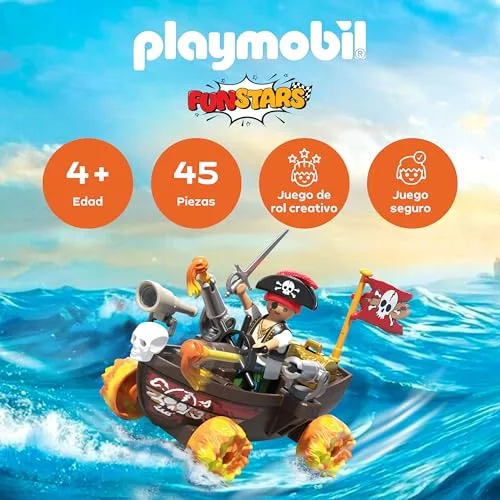 PLAYMOBIL ▫️ Fun Stars | Barco Pirata Veloz | Brinquedo para maiores de 4 anos | Presente ideal para crianças | Carro de brincar | com motor de marcha-atrás e função de disparo | 71720 2