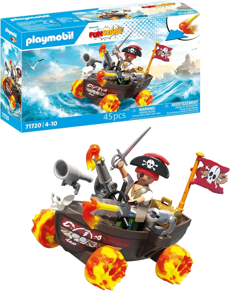 PLAYMOBIL ▫️ Fun Stars | Barco Pirata Veloz | Brinquedo para maiores de 4 anos | Presente ideal para crianças | Carro de brincar | com motor de marcha-atrás e função de disparo | 71720