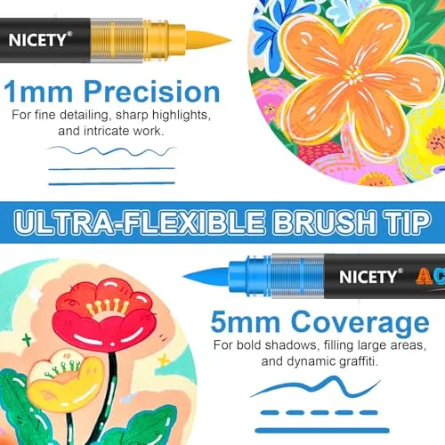 NICETY ▫️ 72 Marcadores acrílicos com ponta de pincel - Conjunto de marcadores para pintar em pedra, madeira, cerâmica e vidro - Não tóxicos, ponta flexível de 1 a 6 mm - Para adultos, artistas e principiantes 2
