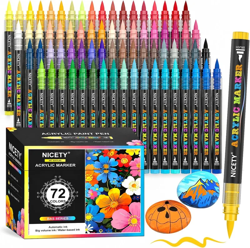 NICETY ▫️ 72 Marcadores acrílicos com ponta de pincel - Conjunto de marcadores para pintar em pedra, madeira, cerâmica e vidro - Não tóxicos, ponta flexível de 1 a 6 mm - Para adultos, artistas e principiantes