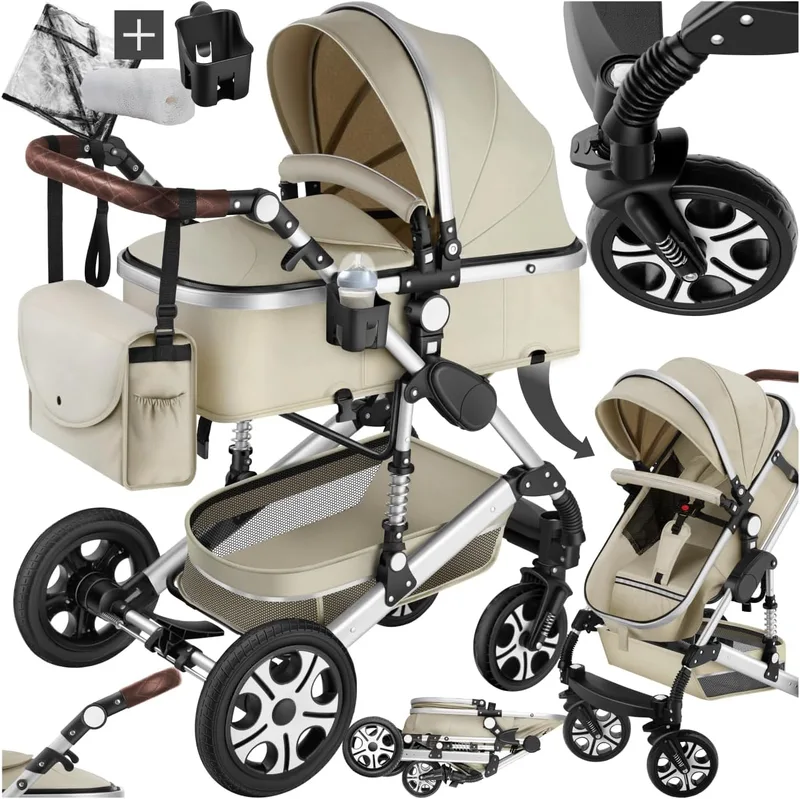 tectake ▫️ ® 2 in 1 Combination Stroller, carrinho de bebé dobrável com alcofa amovível, carrinho de bebé com encosto ajustável, arnês de 5 pontos, travão de pé e capota dobrável, porta-bebés - cinzento/bege