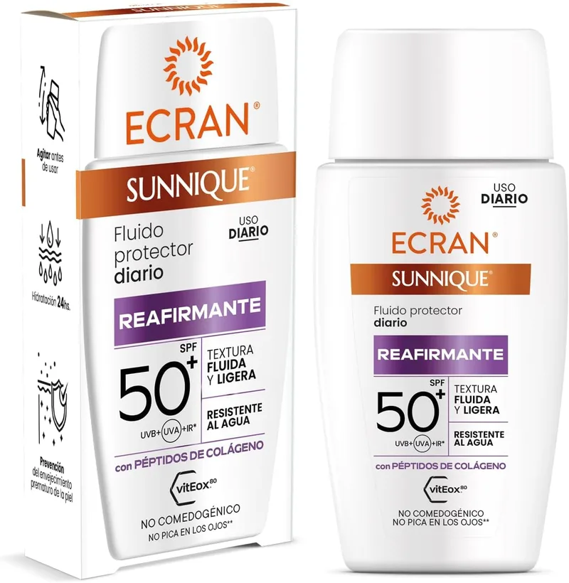 Ecran ▫️ SUNNIQUE – Fluido Protetor Facial Diário Reafirmante com Colagénio, Fator de Proteção Solar SPF50+ e Ação Antienvelhecimento - Reforça a elasticidade e nutre a pele - Resistente à água - 40 ml