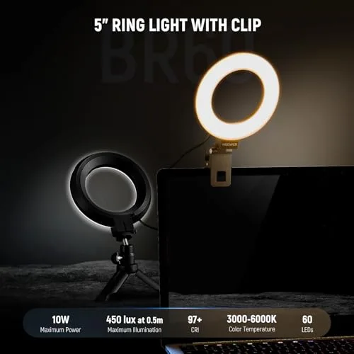 NEEWER ▫️ BÁSICO 5" Anel de Luz para Videoconferências, Conjunto de 2 Kits de Luz com Clipe e Tripé de Secretária para Monitor de Portátil, Chamadas Zoom, Transmissões em Direto, Trabalho Remoto, Aprendizagem e Gravação, BR60 3