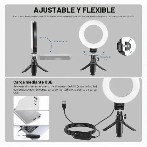 NEEWER ▫️ BÁSICO 5" Anel de Luz para Videoconferências, Conjunto de 2 Kits de Luz com Clipe e Tripé de Secretária para Monitor de Portátil, Chamadas Zoom, Transmissões em Direto, Trabalho Remoto, Aprendizagem e Gravação, BR60 6