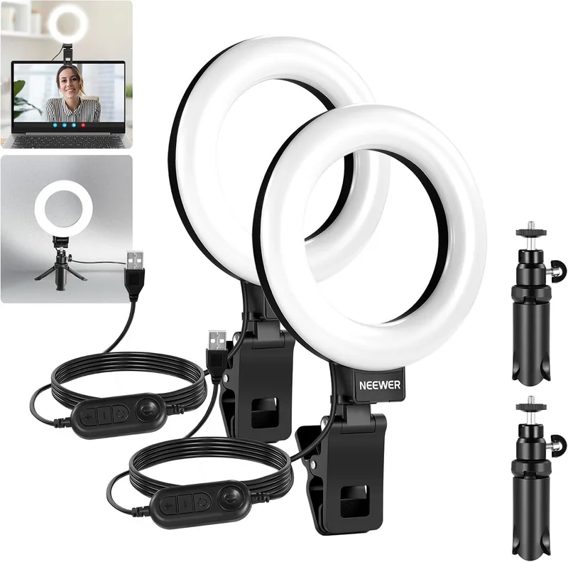 NEEWER ▫️ BÁSICO 5" Anel de Luz para Videoconferências, Conjunto de 2 Kits de Luz com Clipe e Tripé de Secretária para Monitor de Portátil, Chamadas Zoom, Transmissões em Direto, Trabalho Remoto, Aprendizagem e Gravação, BR60