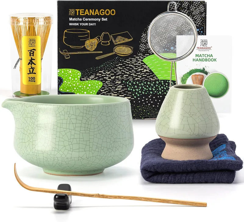 TEANAGOO ▫️ Matcha Kit, conjunto de 7 peças, kit de cerimónia matcha, conjunto de chá matcha para pequeno-almoço/latte, taça verde matcha (chawan) com bico e batedor, presente para
