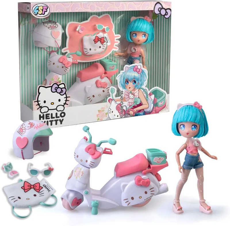 Hello Kitty ▫️ 4SF - Pretty Pink Scooter, Boneca de Moda Japonesa com Scooter e Acessórios, 19,5 cm Figura com 15 Pontos de Articulação, Inclui Capacete e Bolsa, Top com Microshorts, Famosa (HKTF3000)