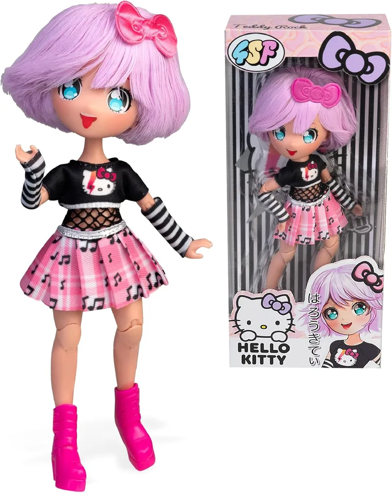 Hello Kitty ▫️ 4SF - Manga Doll Teddy Rock, Boneca Japonesa com Looks Manga, 19,5 cm com 15 Pontos de Articulação, Cabelo Roxo, Acessórios Incluídos, Famosa (HKTF0100)