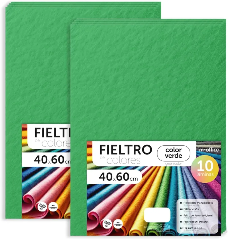 m-office ▫️ Feltro para trabalhos manuais, feltro colorido, macio e flexível, material para costura, tecidos para patchwork, ideal para projetos DIY, artesanato ou decoração, 40 x 60 cm (verde, 20 unidades)