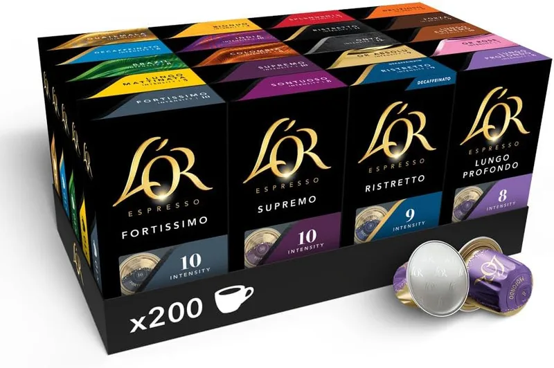L'OR ▫️ Espresso Café Sortido | 20 sabores | 200 cápsulas | Exclusivo da Amazon | Intensidades 4 a 12, embalagem variada, compatível com máquinas Nespresso