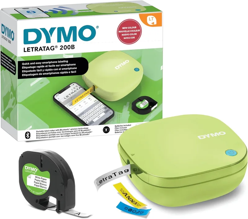 DYMO ▫️ LetraTag 200B Bluetooth - Etiquetadora | Impressora de etiquetas compacta | Liga-se através da tecnologia sem fios Bluetooth | Inclui 1 fita de etiquetas de papel branco | Amarelo Pistácio