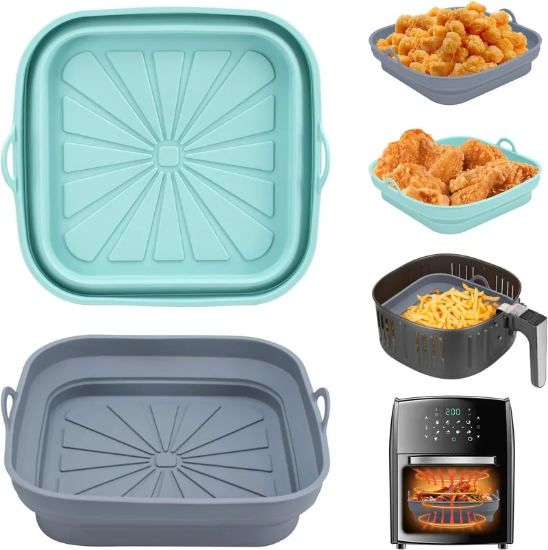 Alyvisun ▫️ Moldes de Silicone para Fritadeira de Ar, 2 Pcs Bandeja para Fritadeira de Ar Acessórios para Fritadeira sem Óleo Recipientes Quadrados Reutilizáveis Utensílios para Fritadeira de Ar, Micro-ondas, Forno (Azul Claro+Cinza)