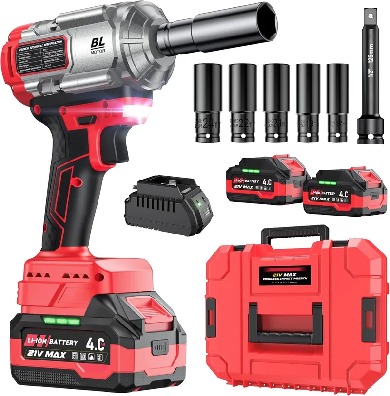 XIAZIR ▫️ Chave de impacto a bateria 1200 N·m, pistola de impacto a bateria, 21 V, 4,0 Ah × 2 baterias + carregador rápido, 3 velocidades + luz LED, inclui 5 chaves de soquete + barra de extensão + mala de transporte