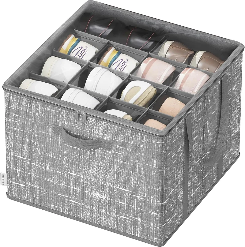 SONGMICS ▫️ Organizador de sapatos, com capacidade para até 16 pares, caixa para guardar sapatos, com pegas e tampa transparente, para armário da entrada ou do quarto, cinzento Espadaña LSP601G01