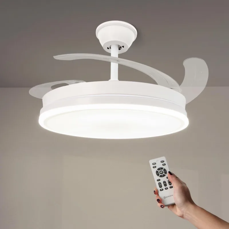 M mimotec ▫️ White Olga Ventilador de teto LED de 66 W com luz CCT regulável e controlo de intensidade, motor CC de 30 W + luz LED de 36 W, silencioso, 6 velocidades, 4 pás retráteis, temporizador.
