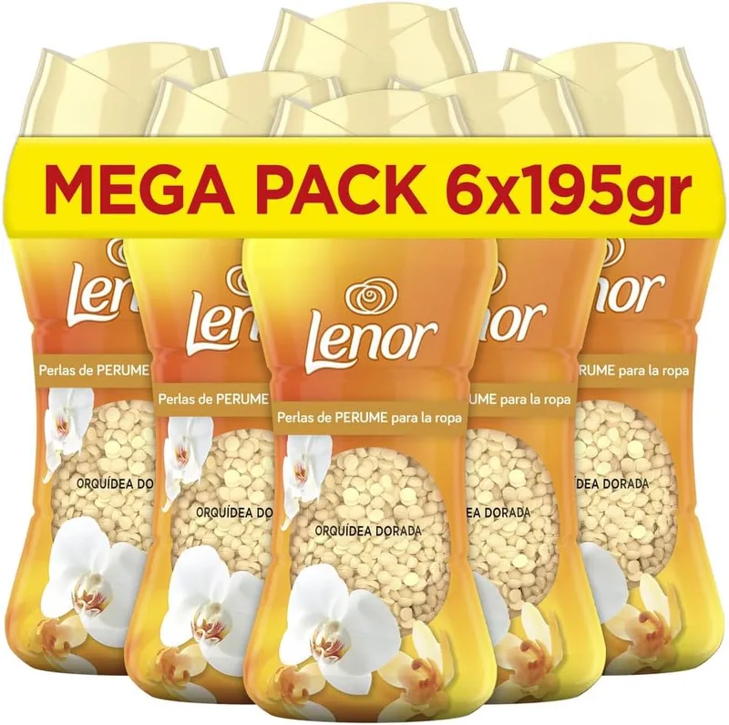 LENOR ▫️ UNstoppables Pérolas de perfume para roupa, 96 lavagens (6 x 195g), amaciador de fragrâncias Golden Orchid, intensificador de frescura