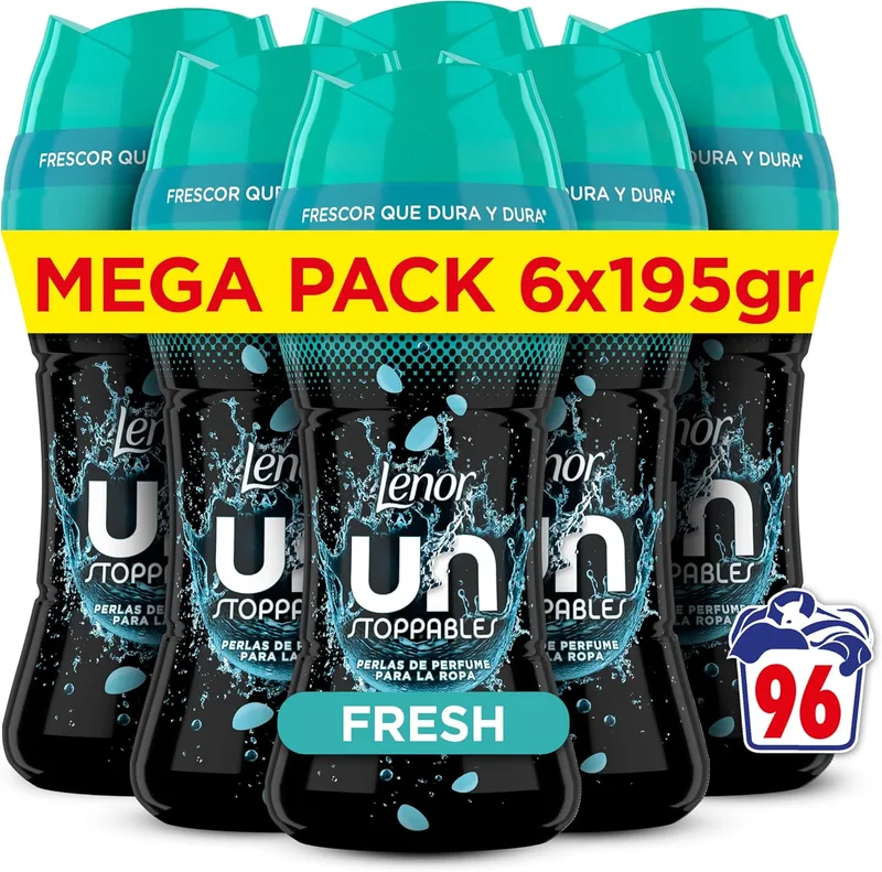 LENOR ▫️ UNstoppables Pérolas de perfume para roupa, 96 lavagens (6 x 195g), amaciador de fragrâncias frescas, intensificador de frescura