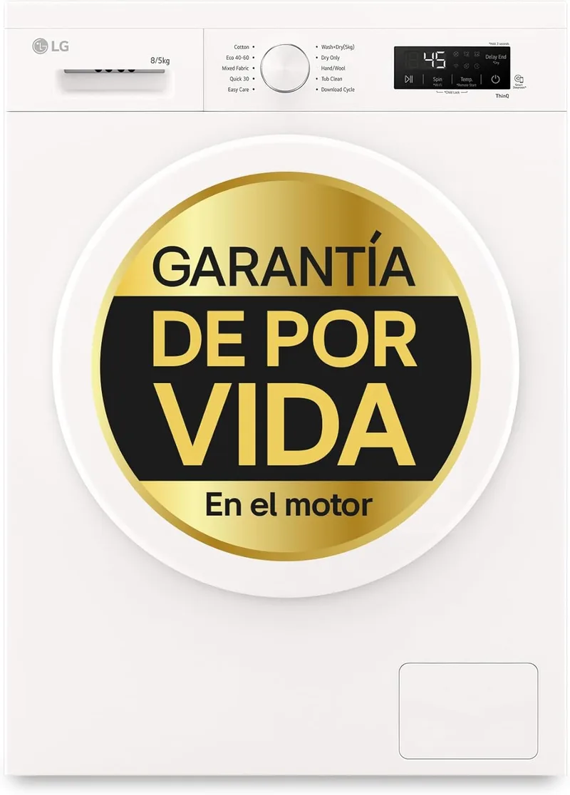LG ▫️ W4X1085NWH - Máquina de lavar e secar roupa com tecnologia Inverter Direct Drive, 8/5 kg, 1400 rpm, 6 Motion, Vapor Steam, Wi-Fi ThinQ, classificação A (lavagem) e E (secagem), Série 140, Branco