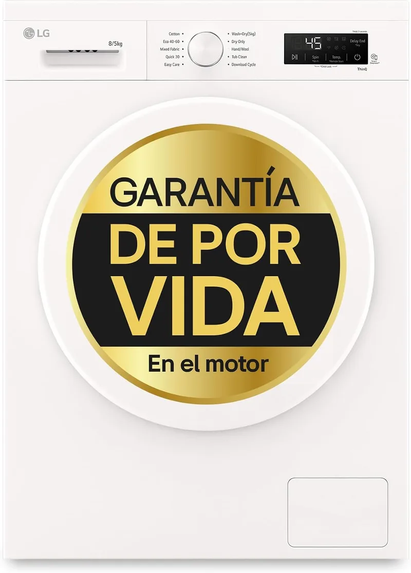 LG ▫️ W4X1085NWH - Máquina de lavar e secar roupa com tecnologia Inverter Direct Drive, 8/5 kg, 1400 rpm, 6 Motion, Vapor Steam, Wi-Fi ThinQ, classificação A (lavagem) e E (secagem), Série 140, branca
