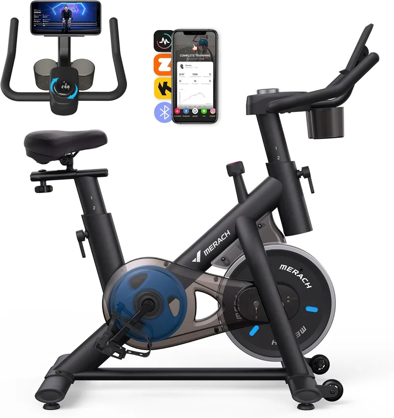 MERACH ▫️ Bicicleta de exercício doméstica com resistência ajustável, bicicleta de exercício silenciosa com monitor LED, almofada de assento confortável, aplicação própria, capacidade de 136 kg, treino aeróbico