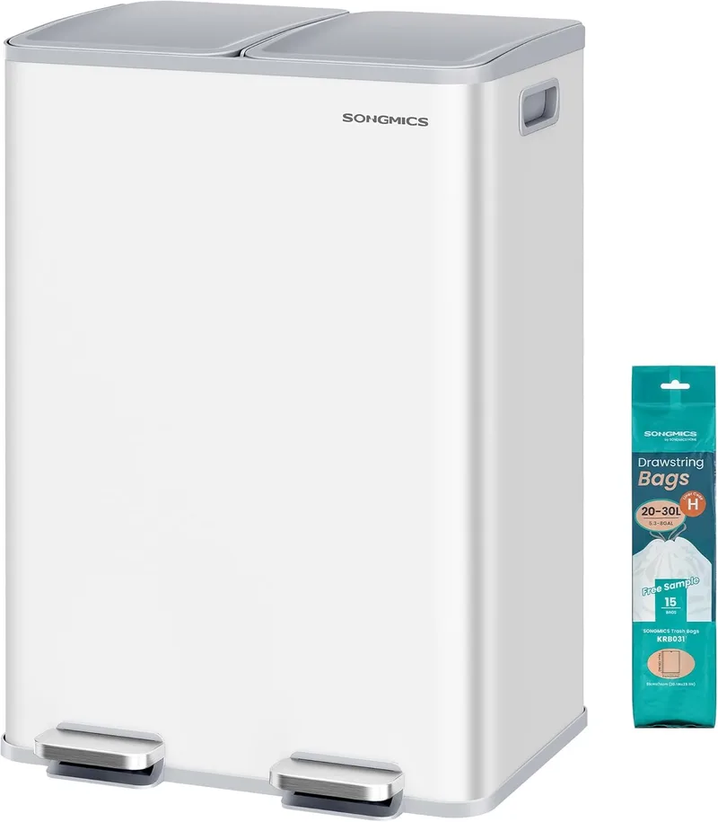 SONGMICS ▫️ Caixote do lixo de cozinha, 2 x 30 L, 2 compartimentos, caixote do lixo com pedal, com tampa de fecho suave e caixote do lixo interior, aço, inclui 15 sacos de lixo, branco mate LTB741W02