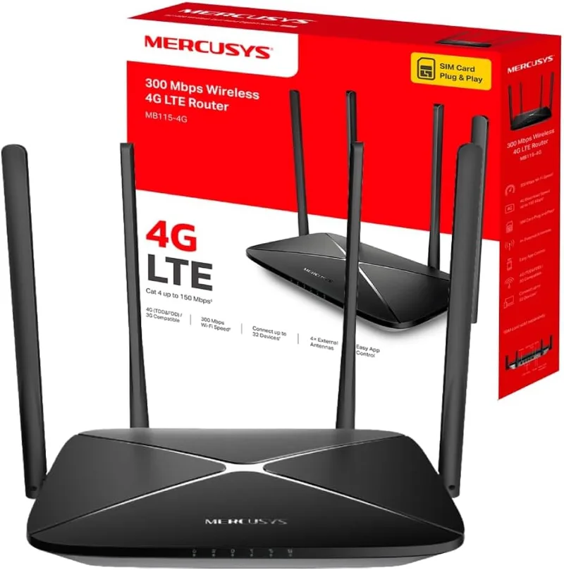 MERCUSYS ▫️ Router Wireless N 4G LTE MB115-4G 300 Mbps, 300 Mbps WiFi + SIM Instantâneo + 4 Antenas Potentes, Cobertura Máxima para 32 Dispositivos, Modo Duplo WiFi/Modo Sem Fios
