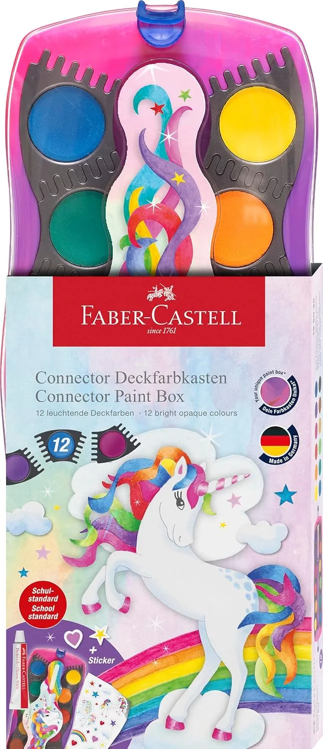 Faber-Castell ▫️ 125035 - Caixa de aguarelas de unicórnio com 12 cores, incluindo tubo branco opaco e adesivo
