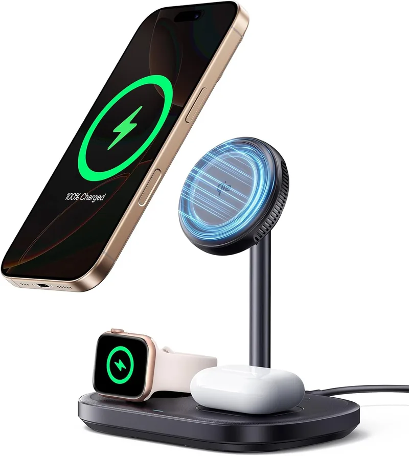 Baseus ▫️ Carregador sem fios 3 em 1 EnerFill com tecnologia de arrefecimento, estação de carregamento sem fios de 22,5 W, Compatível com Apple Watch, iPhone 16/15/14/13 Pro MAX, AirPods, com carregador rápido de 45 W