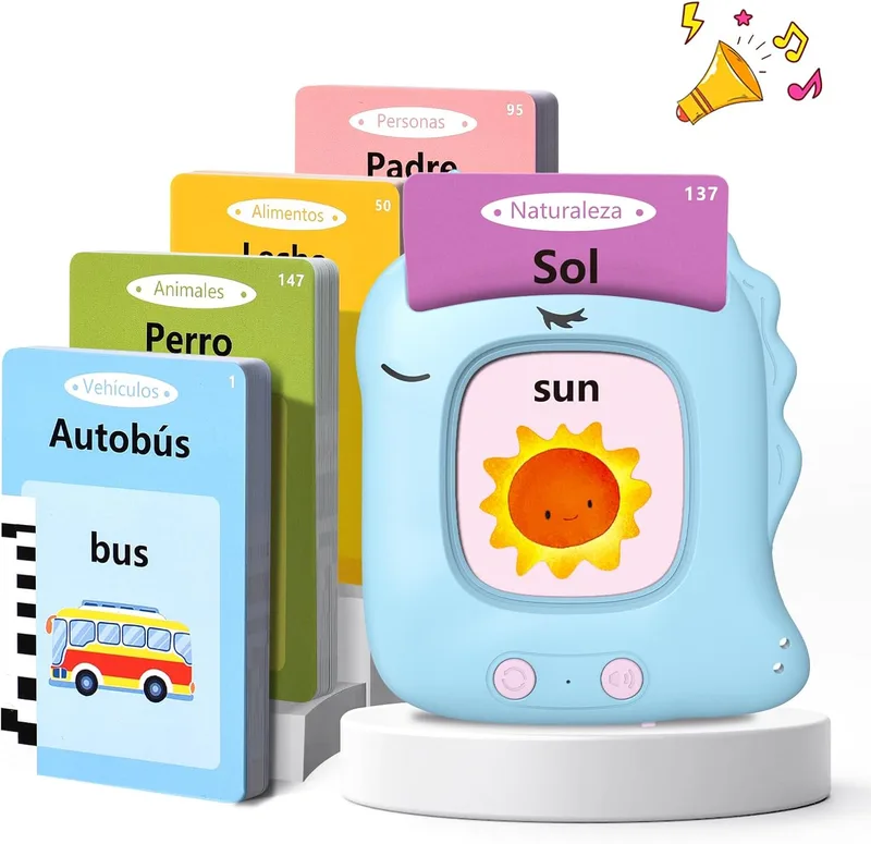 VISATOR ▫️ Cartões Flash Falantes – Brinquedos Educativos para Crianças a partir dos 2 anos – 112 folhas – 224 palavras – Cartões Falantes – Brinquedos de Aprendizagem – Talking Flash Card, Espanhol/Inglês/Bilingue (Azul)